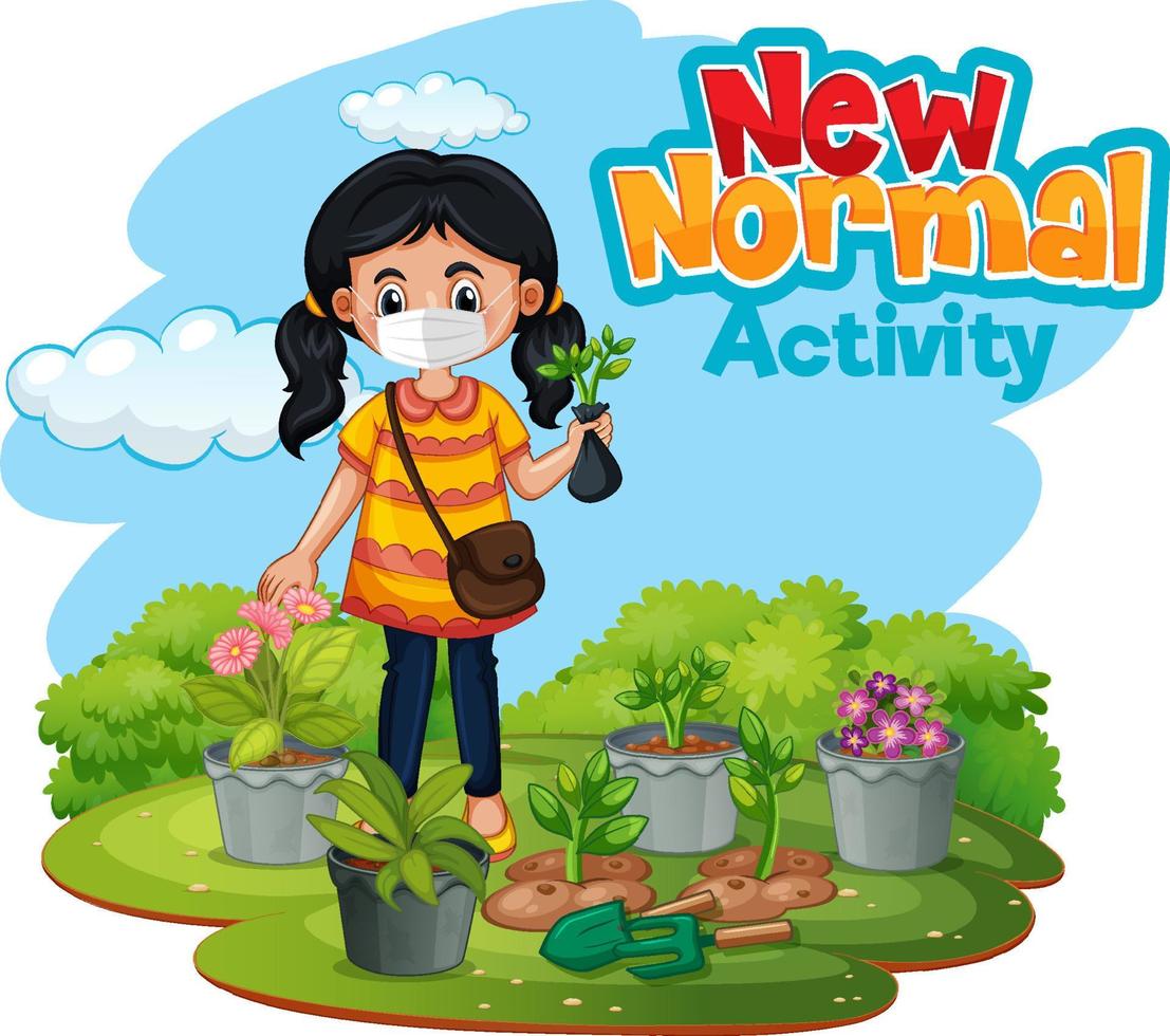 nueva actividad normal con una niña en el jardín. vector