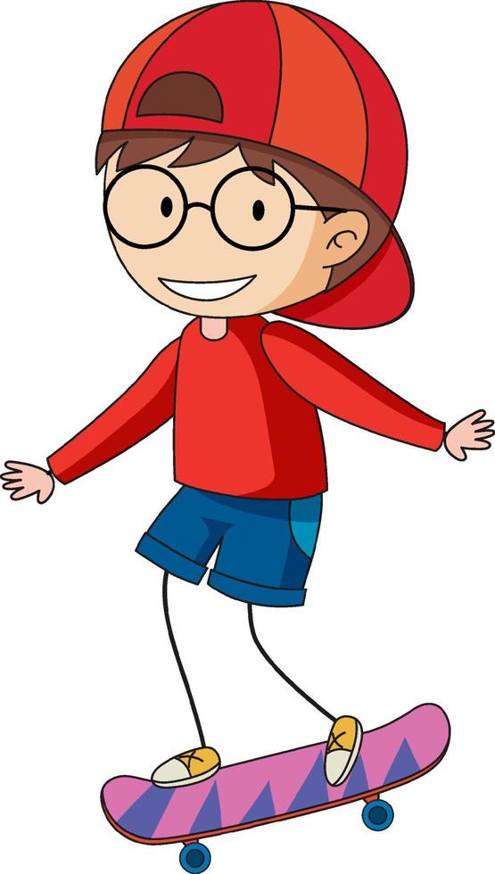 A doodle kid playing skateboard cartoon character isolated vector