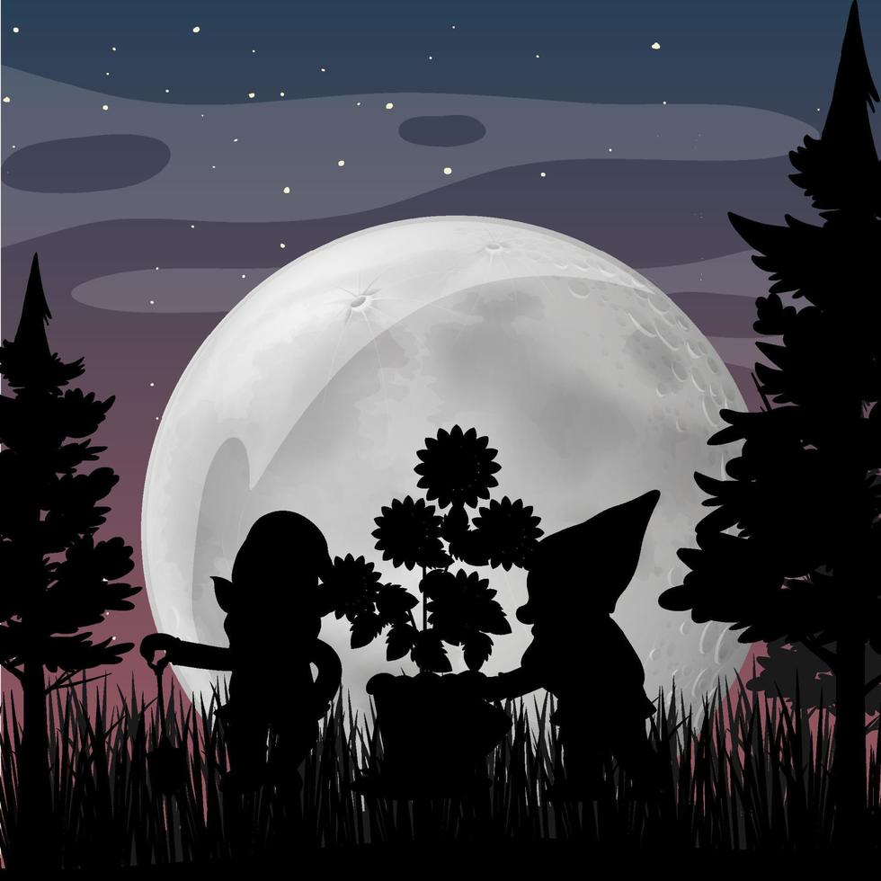 Silhouette gnomes with full moon background vector