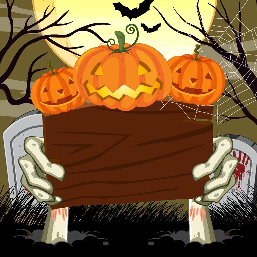 Empty wooden board on scary cemetery forest with scary pumpkin vector