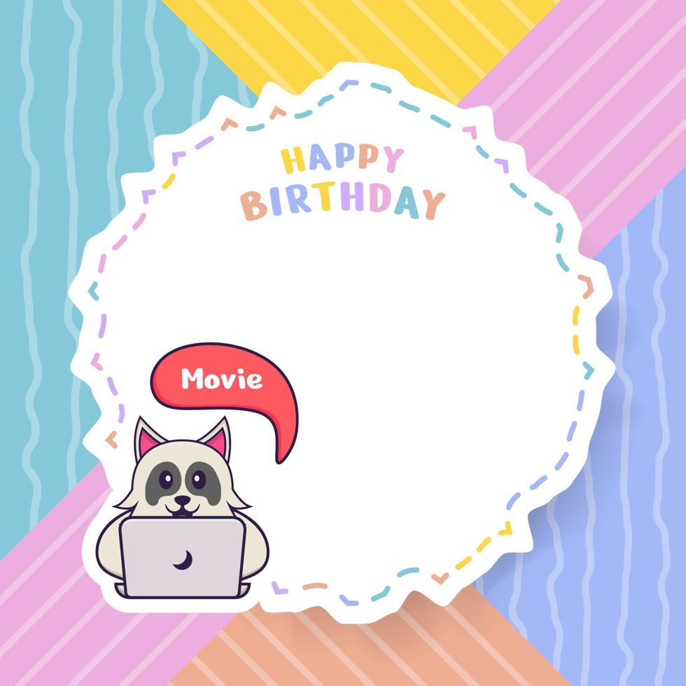 Happy Birthday greeting card with Cute dog cartoon character. Vector Illustration