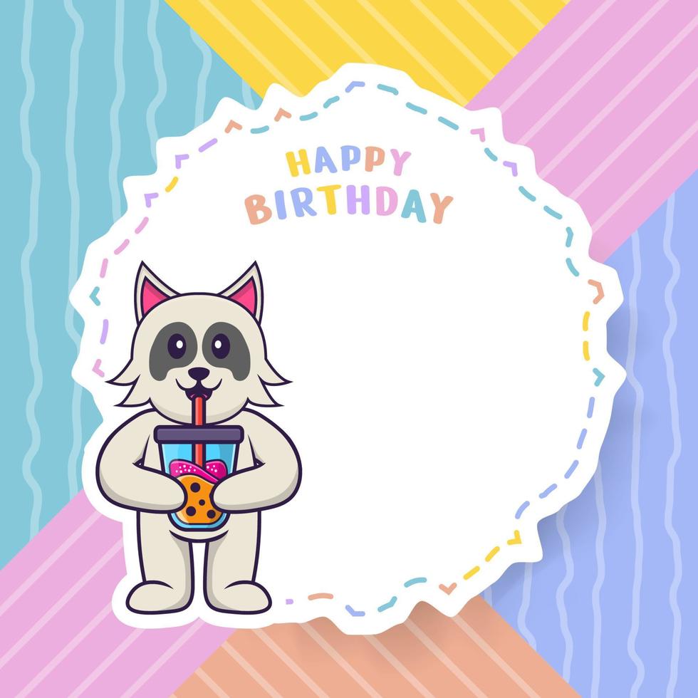 Happy Birthday greeting card with Cute dog cartoon character. Vector Illustration