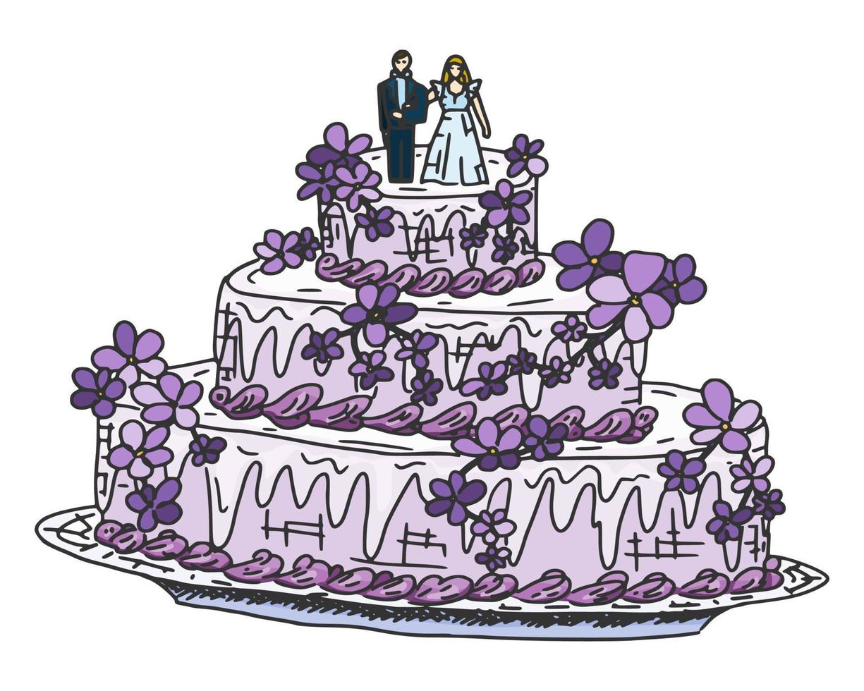 pastel de bodas con soufflé y figuritas de mazapán vector