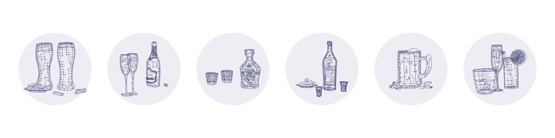 Bebidas alcohólicas en vasos y dibujos de botellas. vector