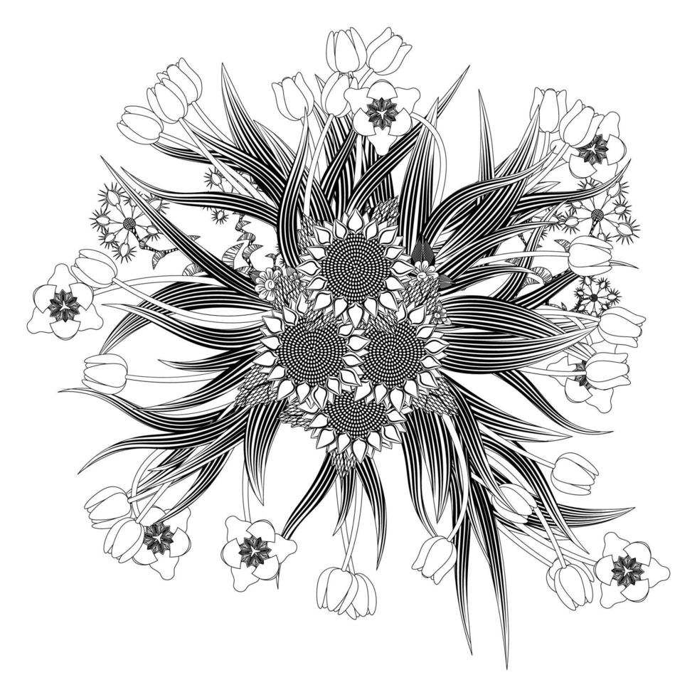 Mandala bouquet of tulips and sunflowers wildflowers vector