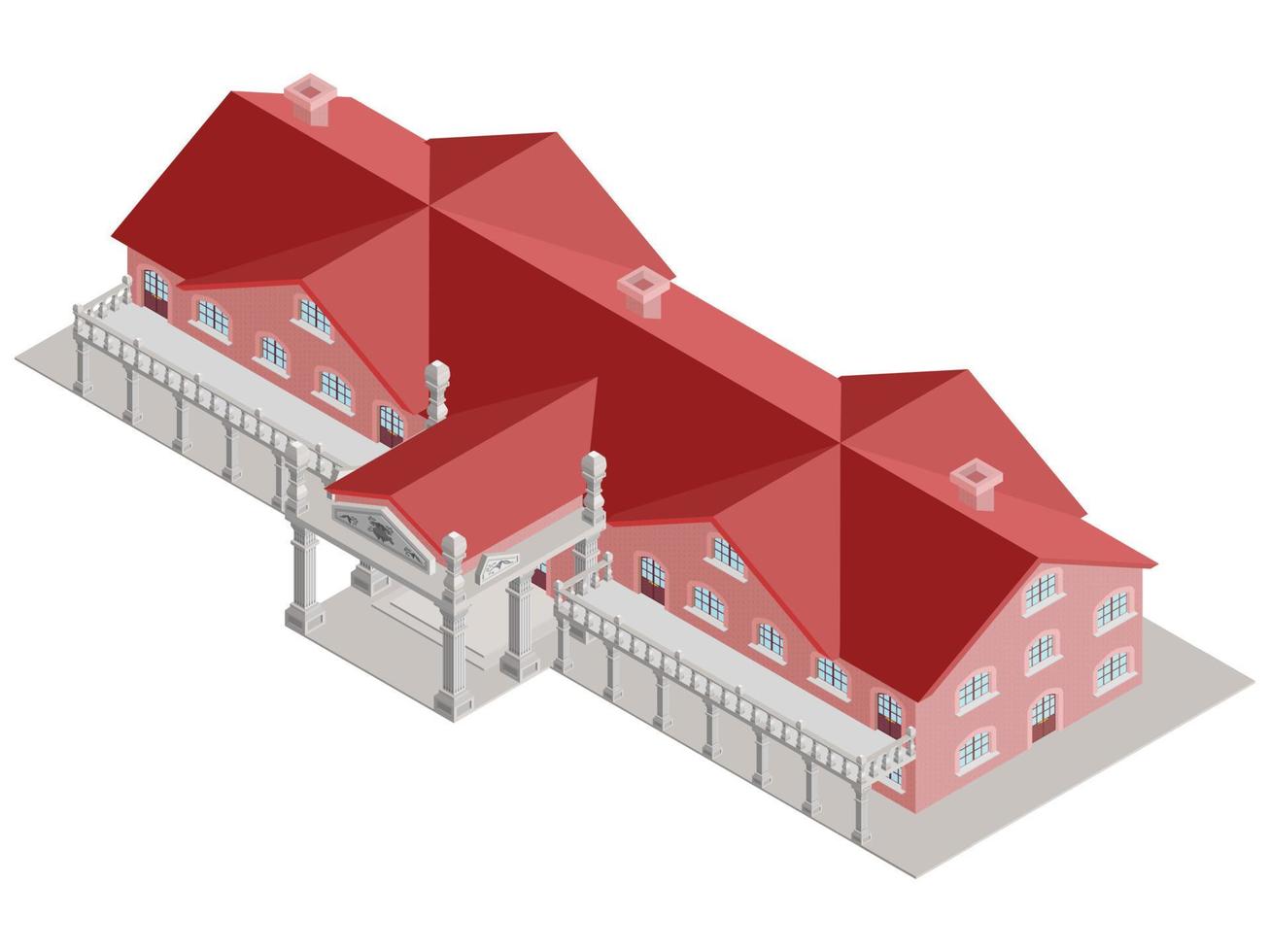 edificio administrativo vector isométrico con techo rojo