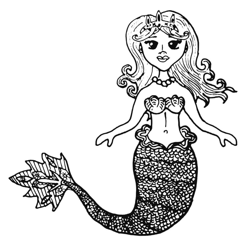 Mermaid in a sketch vector illustration in black and white