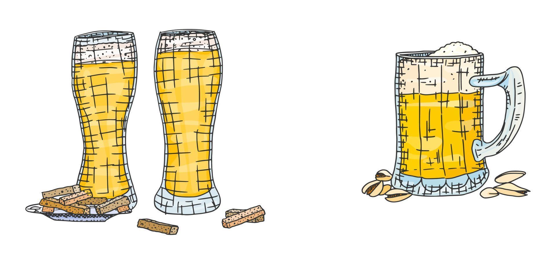 beer in glasses and cups with foam. doodle vector