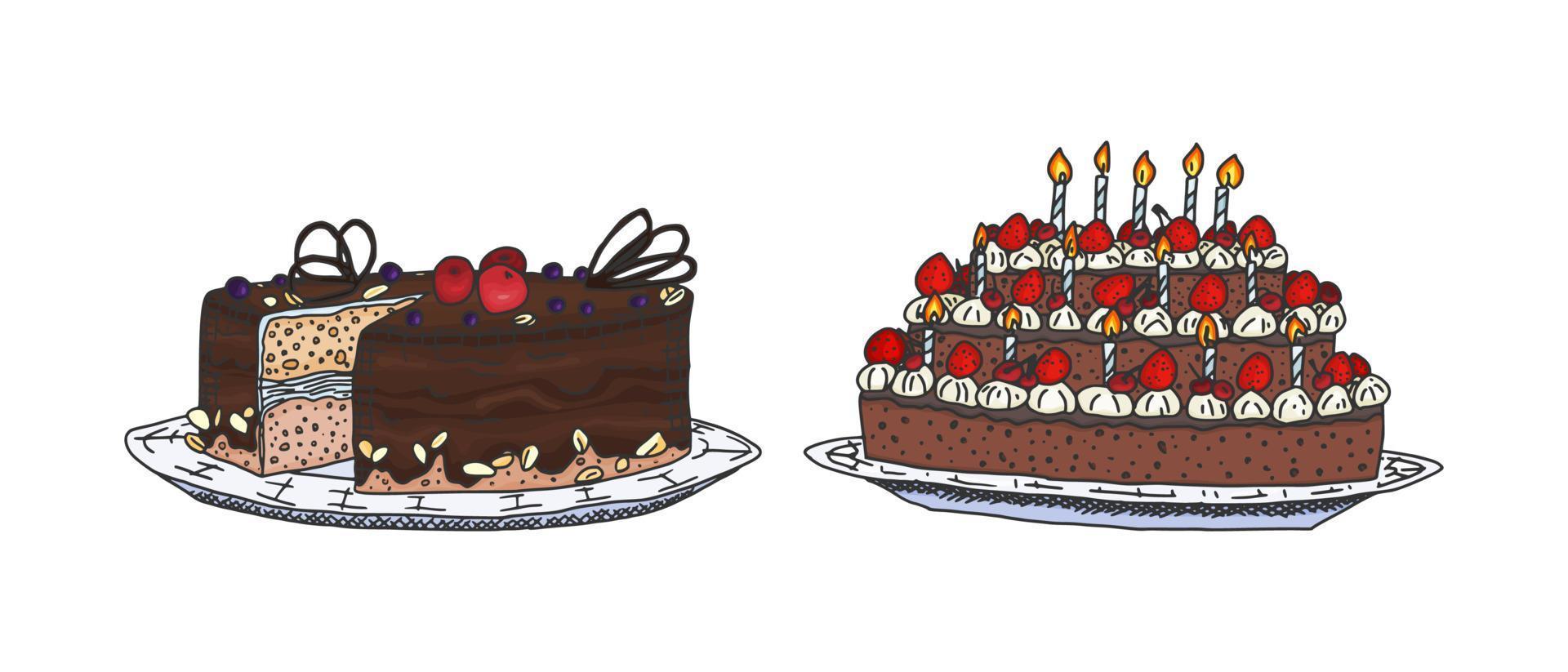 delicious chocolate cakes with cream drawings vector