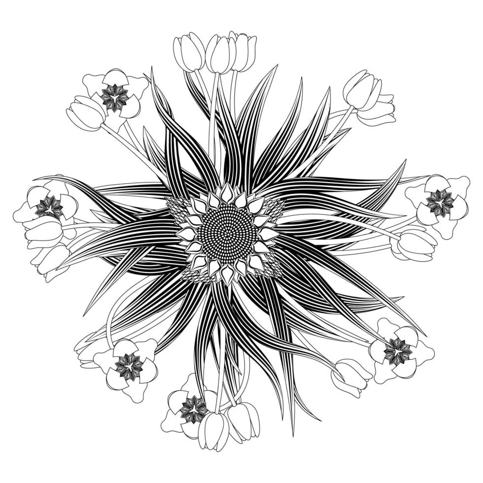 Mandala pattern of sunflowers and tulips vector