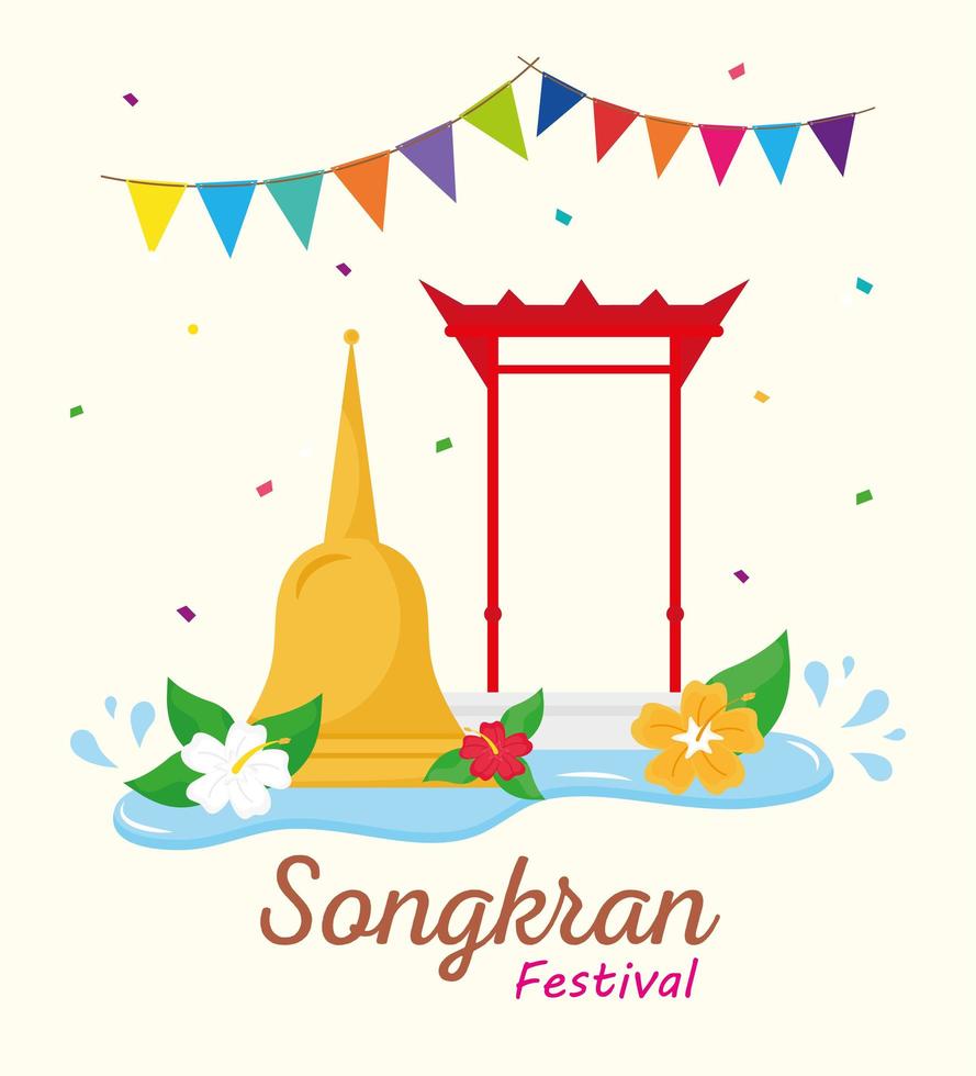 happy songkran festival lettering with bell and garlands vector