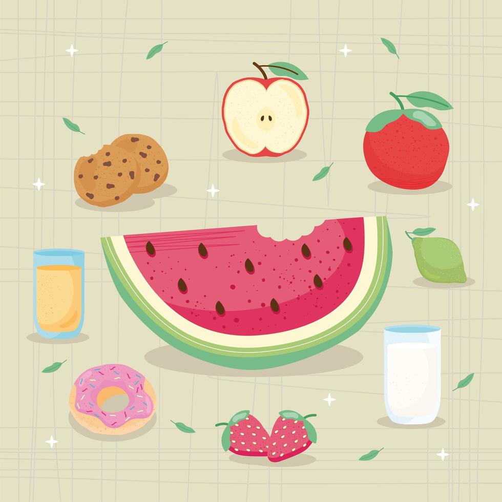 bundle of fresh and delicious food icons around of watermelon vector
