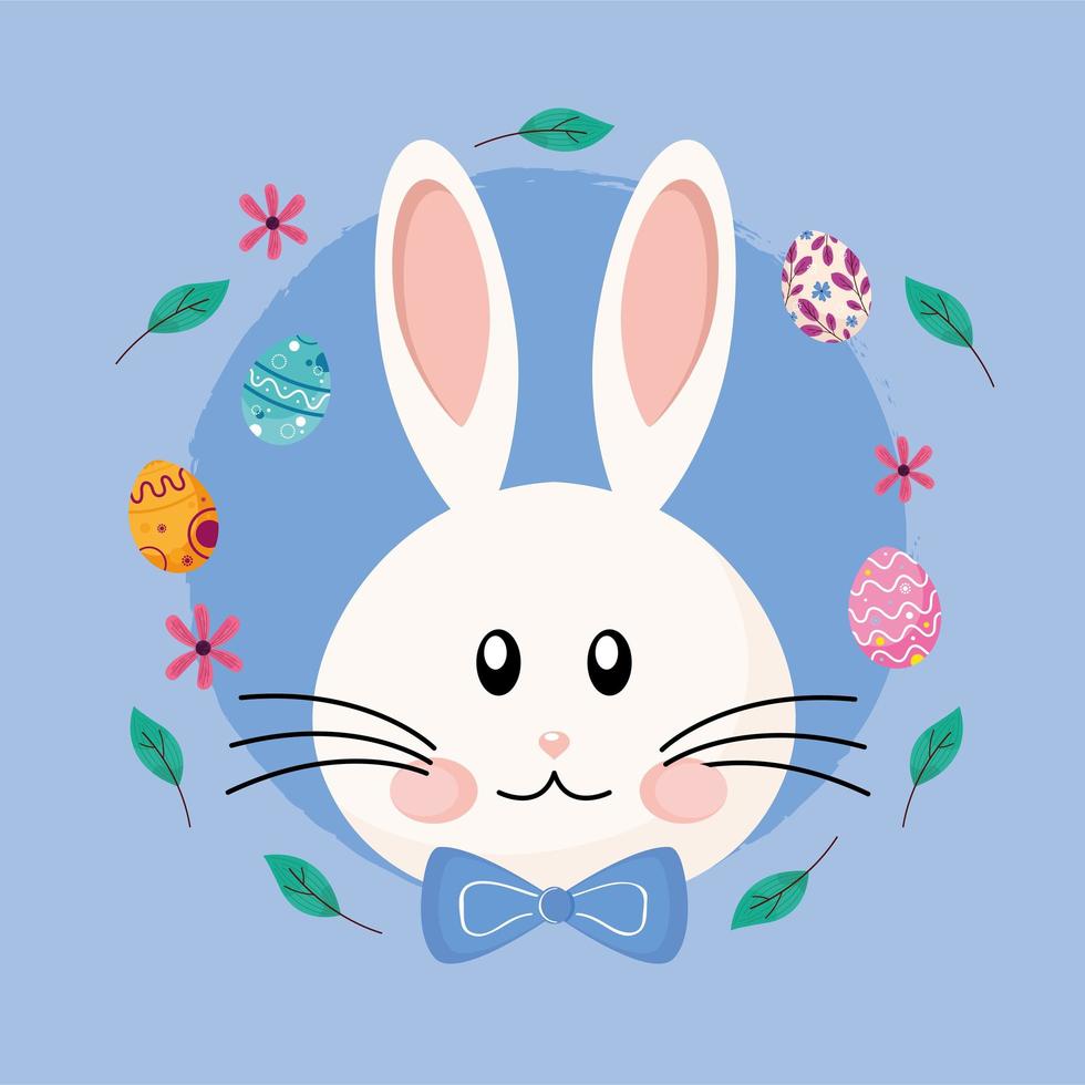 lindo conejo de pascua con personaje de cabeza de pajarita y huevos pintados alrededor vector