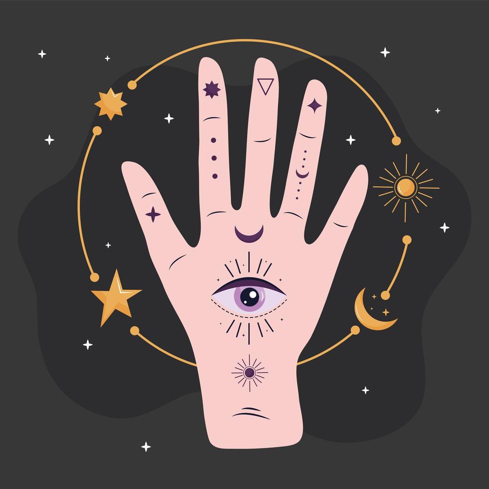 hand human with eye esoteric and golden stars and moon vector