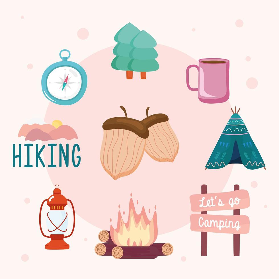 bundle of nine camping set icons vector