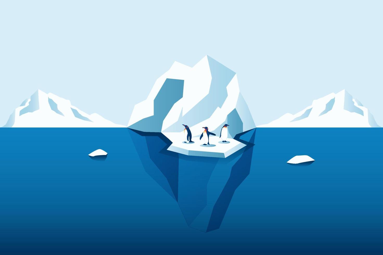 Climate change is real. Penguin on  melting mountain ice and sea level rising vector illustration concept