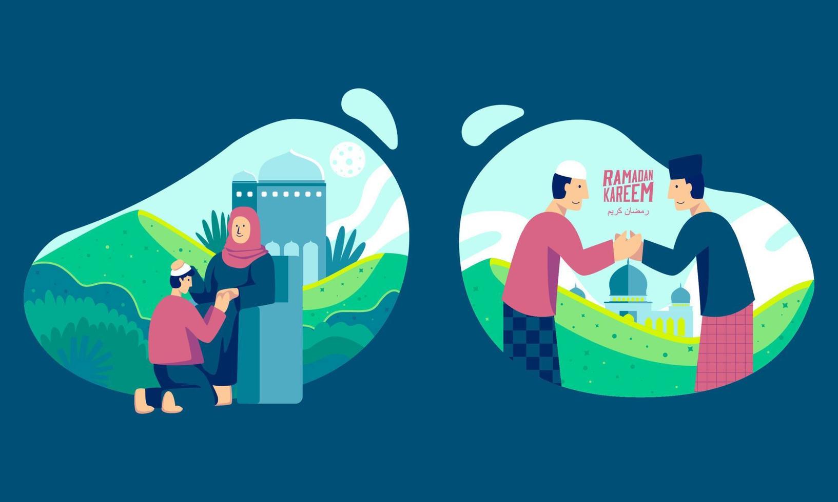 Cheeful ramadan kareem background, illustration with nature scene, hill and mosque flat illustration vector
