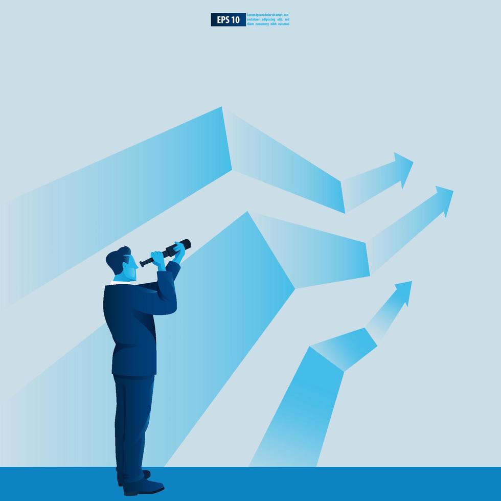 Businessman character looking through telescope seeing success vision with arrow up. Financial, Return on investment ROI chart increase profit vector illustration concept.