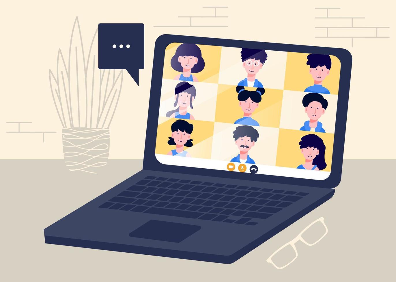 Online meeting illustration vector design concept. Man and woman at remote work conference. work from home with virtual video. Cartoon people discussion.