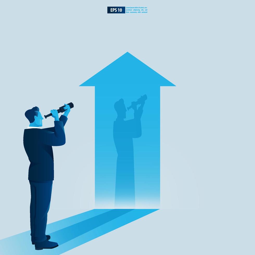 Businessman character looking through telescope seeing success vision with arrow up. Financial, Return on investment ROI chart increase profit vector illustration concept.