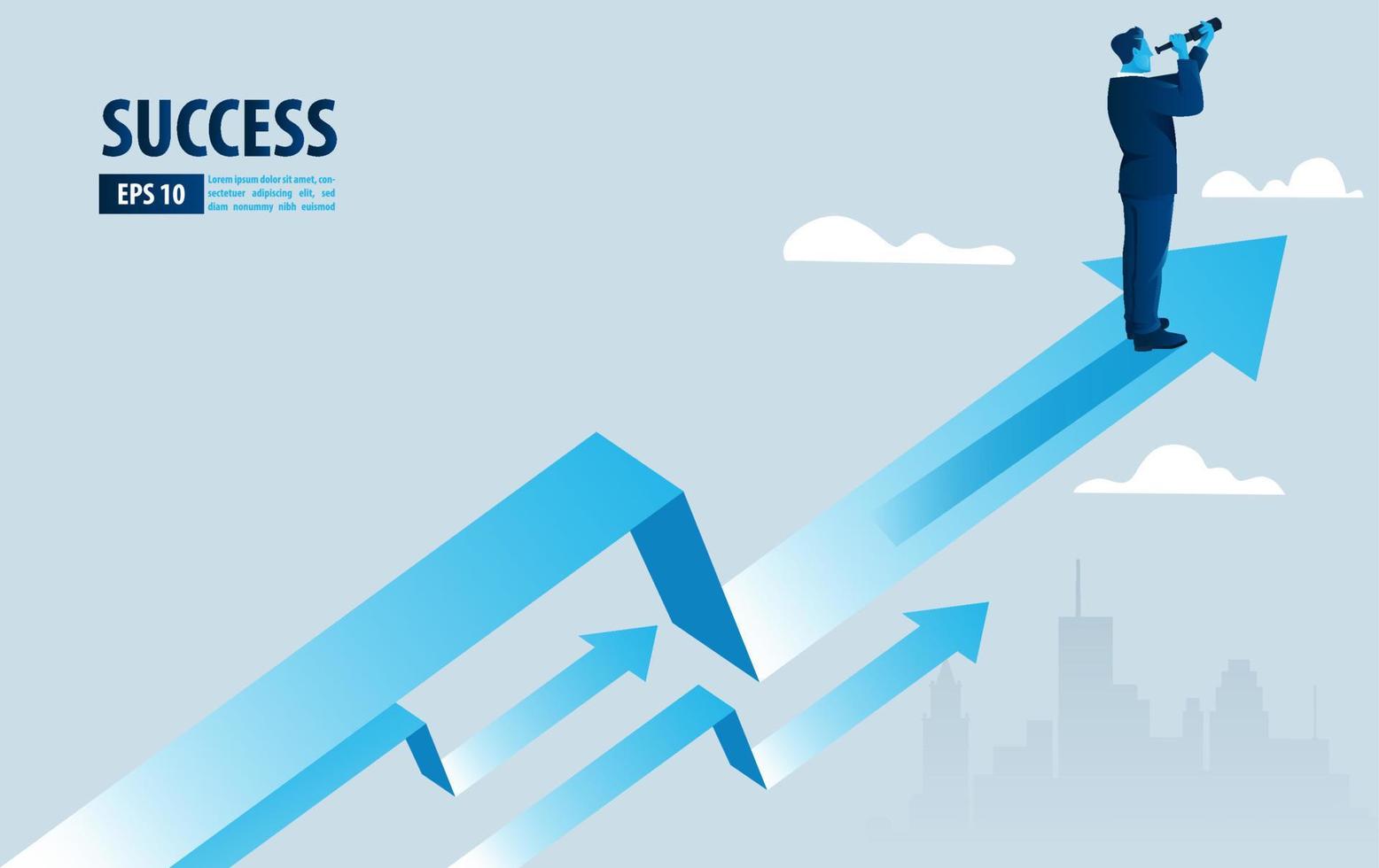 Businessman character looking through telescope seeing success vision with arrow up. Financial, Return on investment ROI chart increase profit vector illustration concept.