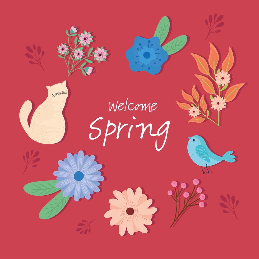 hello spring lettering seasonal card with flowers and bird around vector