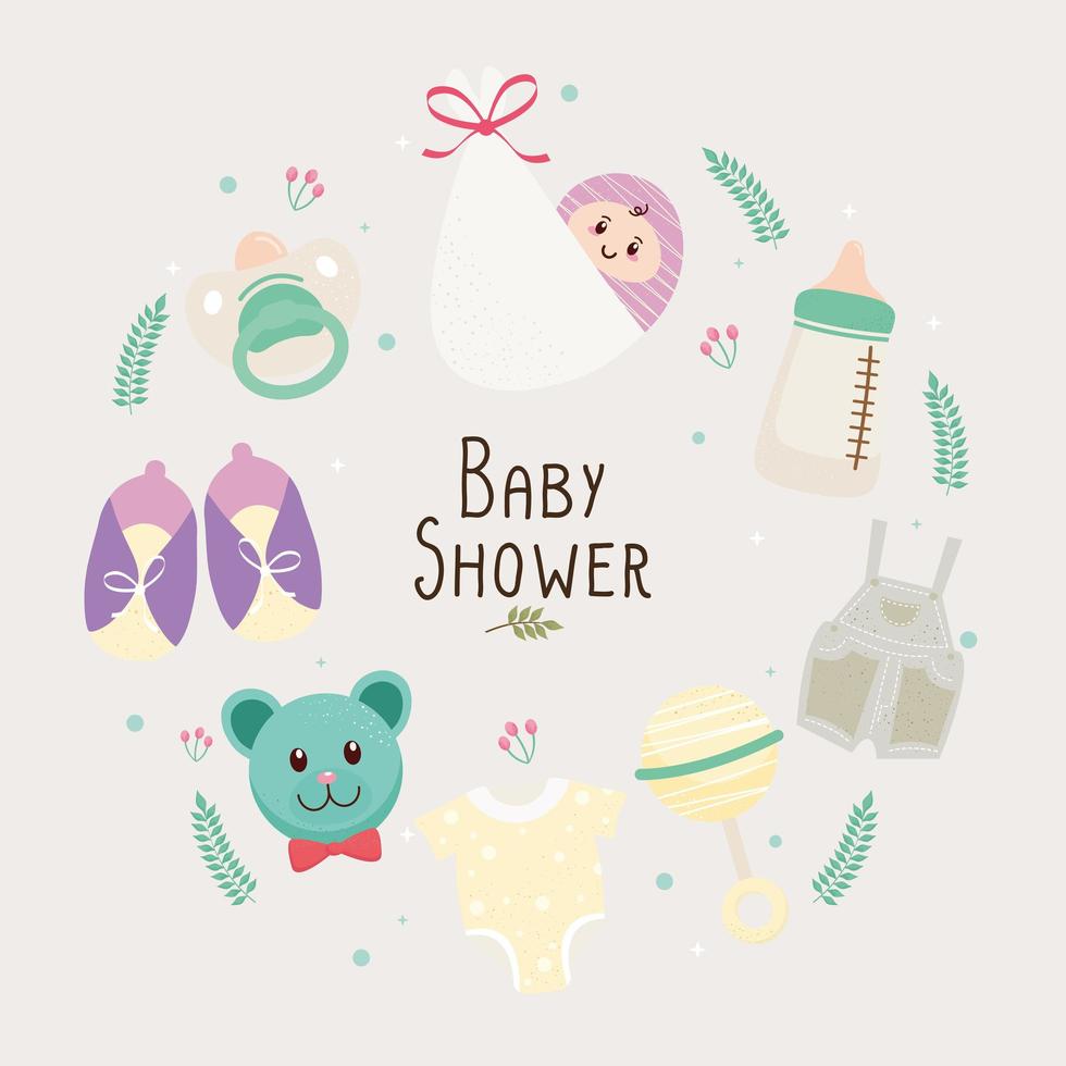 tarjeta de letras de baby shower con iconos de conjunto alrededor vector