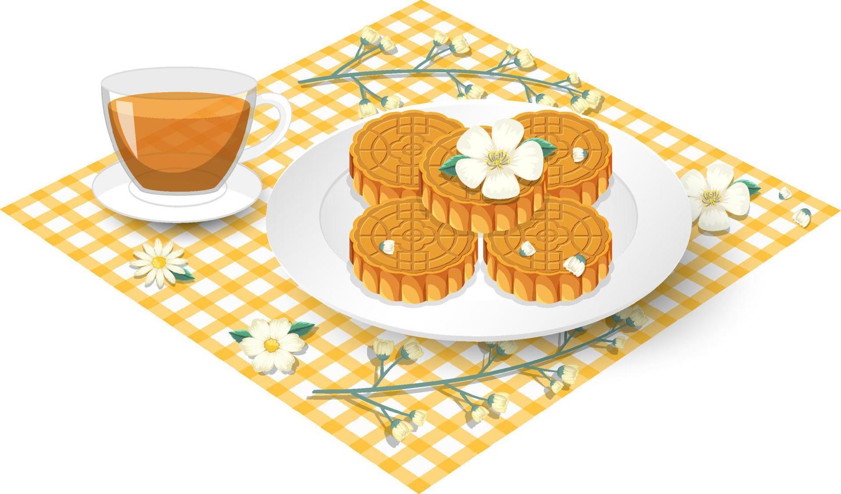 Pile of mooncakes with teacup set on tablecloth vector