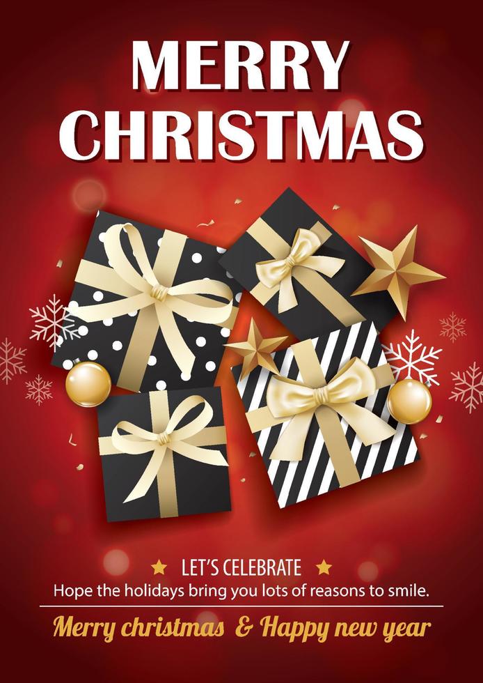Merry christmas party and gift box on black background invitation theme concept. Happy holiday greeting banner and card design template. vector