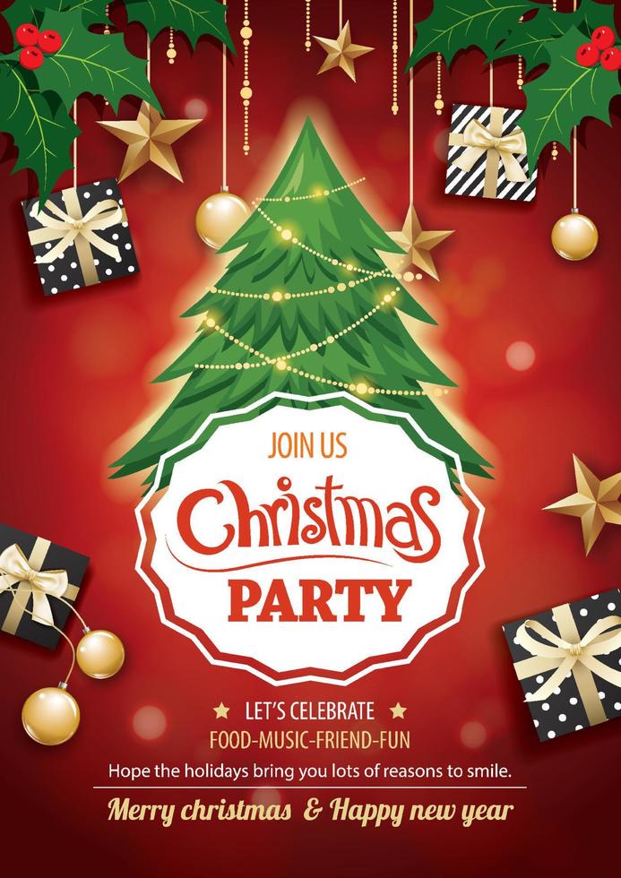 Merry christmas party and tree on red background invitation theme concept. Happy holiday greeting banner and card design template. vector