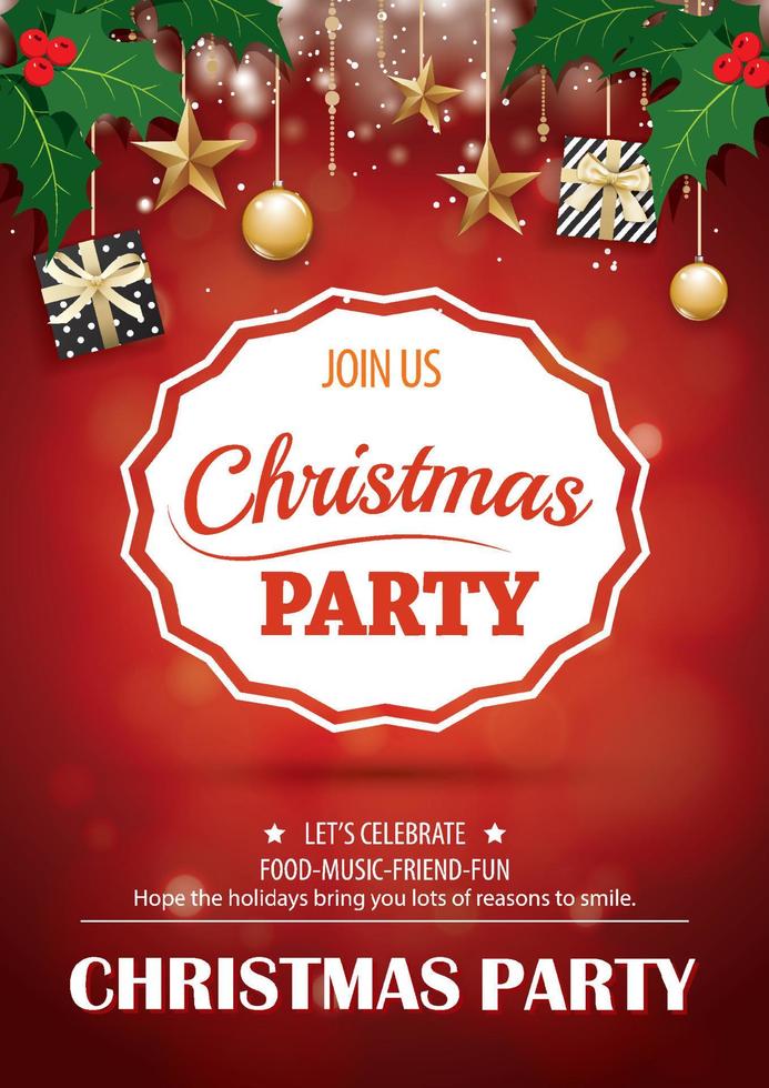 Merry christmas party and gift box on red background invitation theme concept. Happy holiday greeting banner and card design template. vector