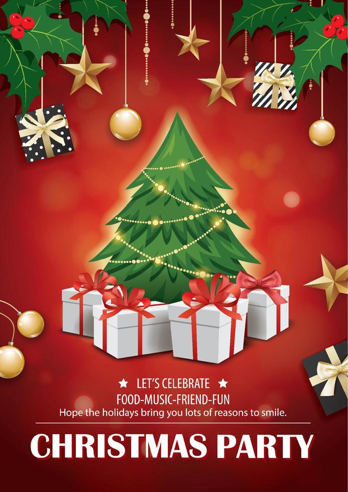 invitación feliz navidad rojo fiesta cartel banner y plantilla de diseño de tarjeta. felices fiestas y año nuevo árbol y concepto de tema de cajas de regalo. vector