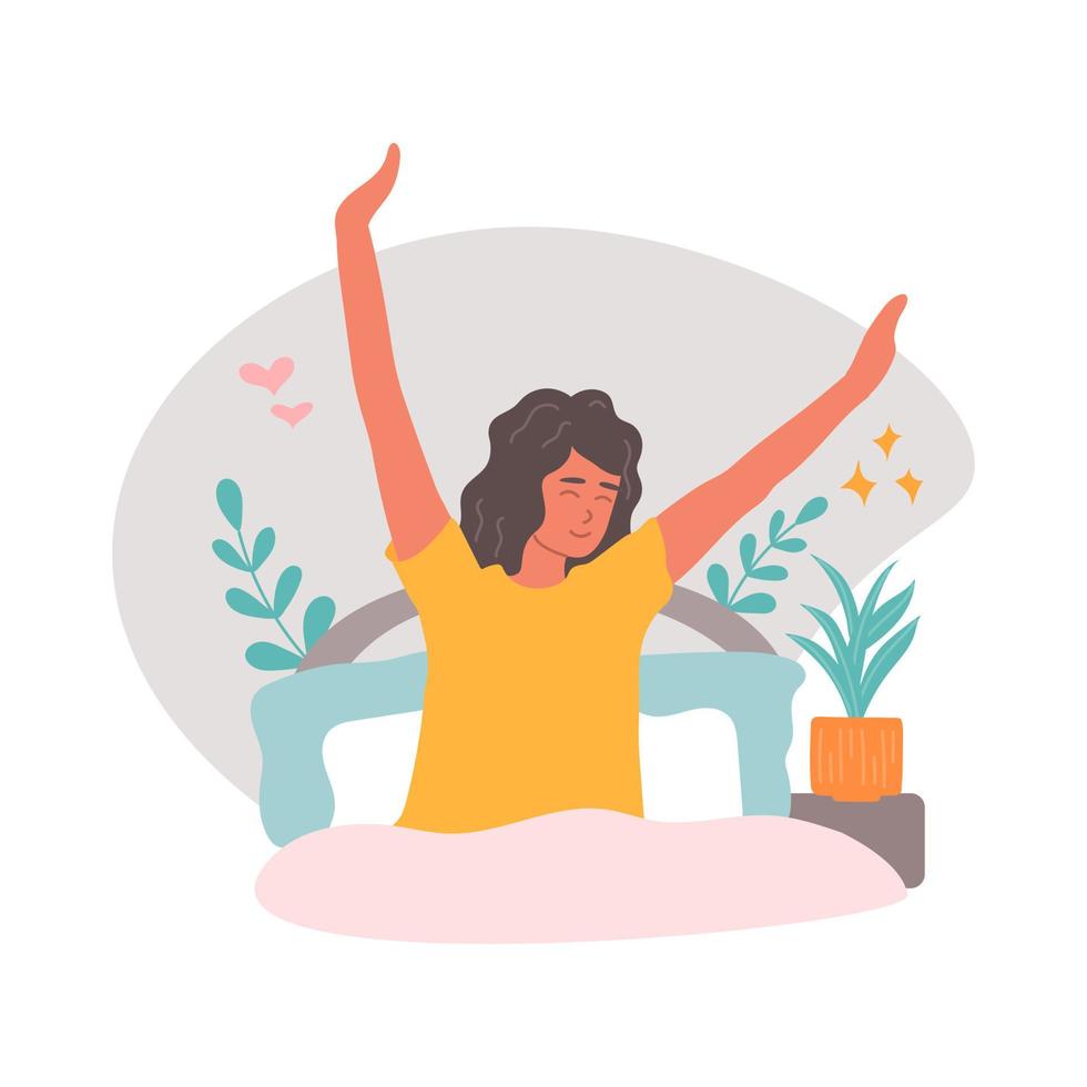 mujer joven en la cama después de dormir levanta las manos, buenos días, despertarse, ilustración vectorial en estilo plano vector