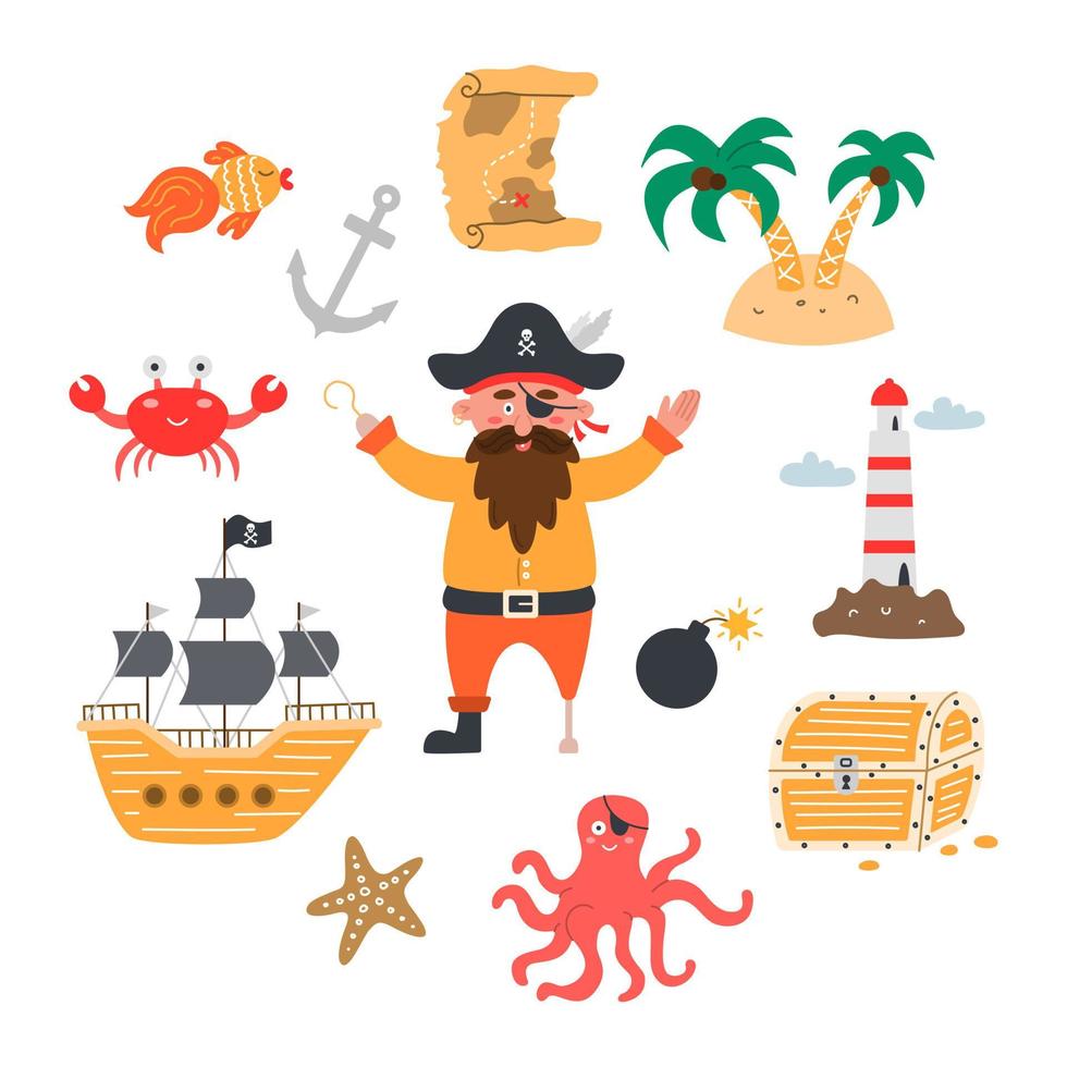 Pirate set of design elements ship, map, treasure chest, island, anchor and sea animals. Vector illustration in flat cartoon style