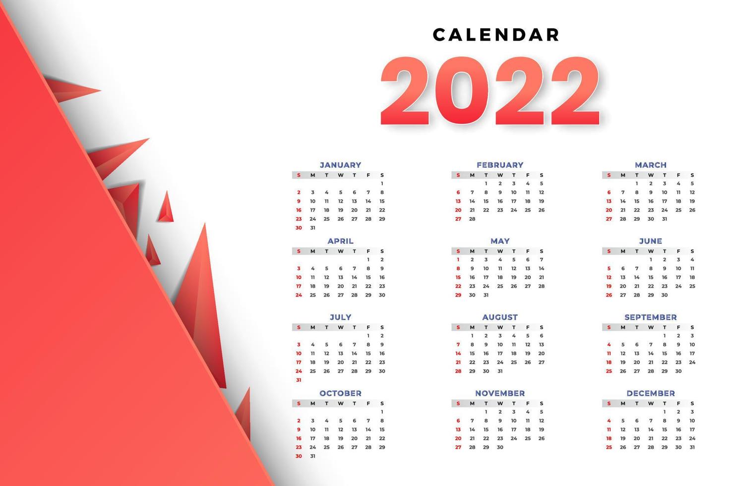 plantilla de calendario mensual para el año 2022. la semana comienza el domingo. Calendario de pared de estilo minimalista. vector