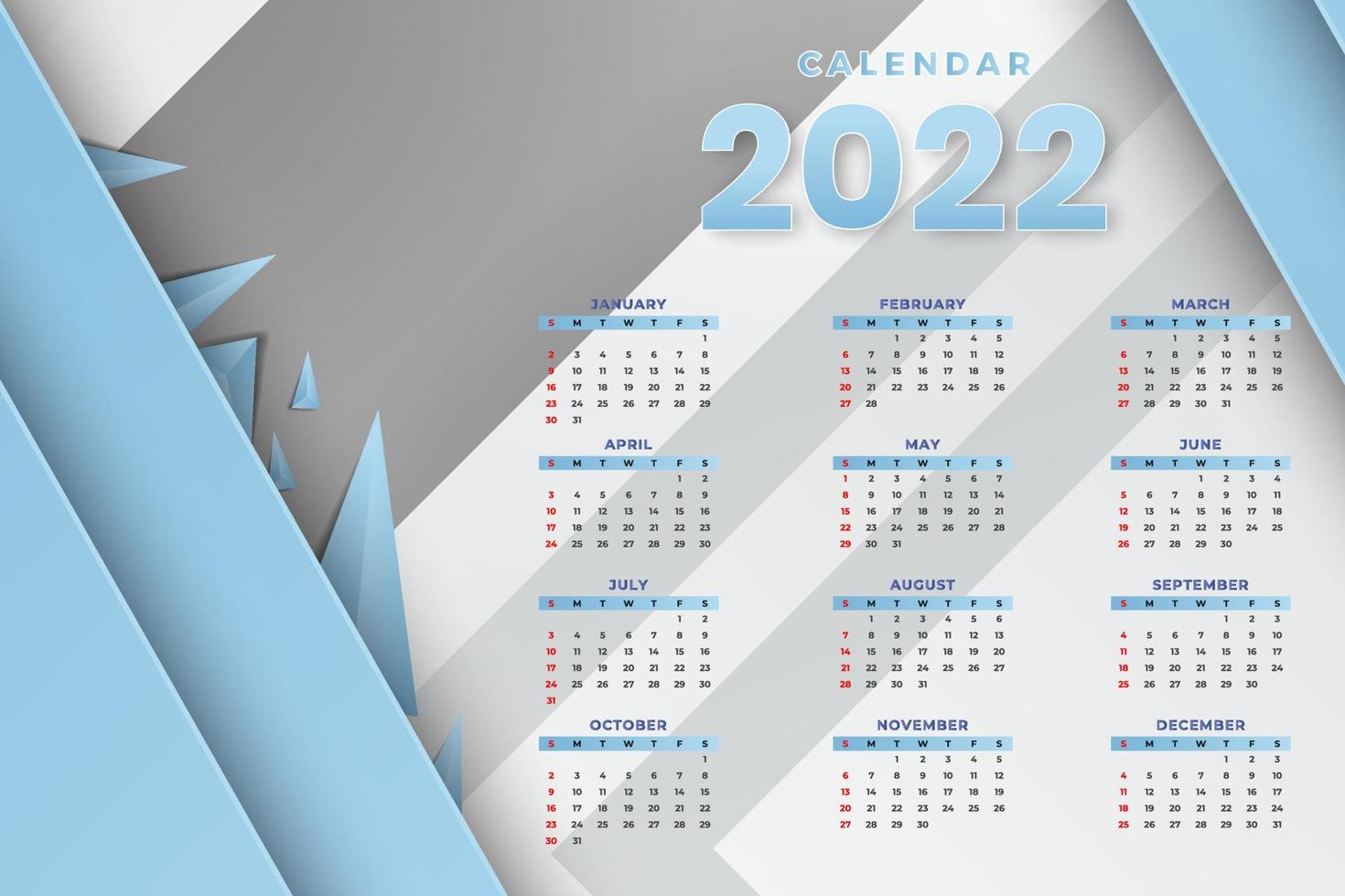 plantilla de calendario mensual para el año 2022. la semana comienza el domingo. Calendario de pared de estilo minimalista. vector