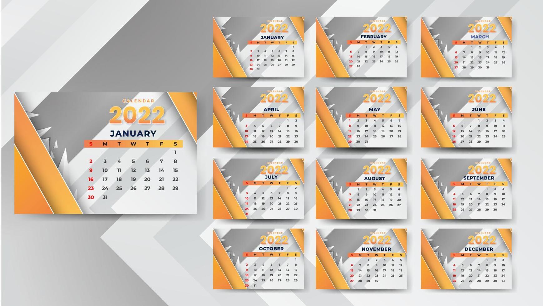 plantilla de calendario mensual para el año 2022. la semana comienza el domingo. Calendario de pared de estilo minimalista. vector