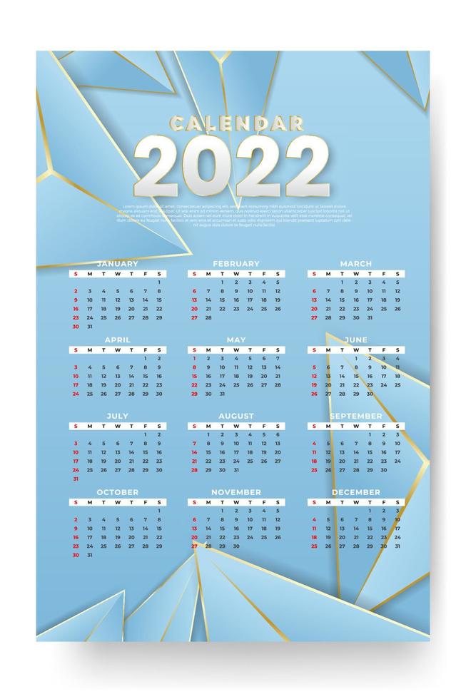 Monthly calendar template for 2022 year. Week Starts on Sunday. Wall calendar in a minimalist style. vector