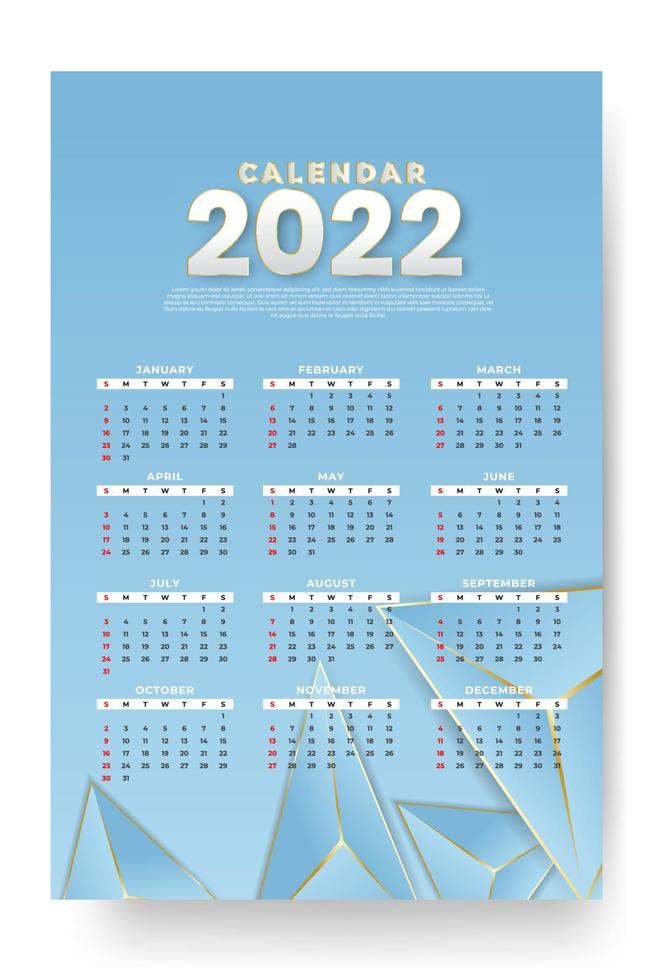 Monthly calendar template for 2022 year. Week Starts on Sunday. Wall calendar in a minimalist style. vector