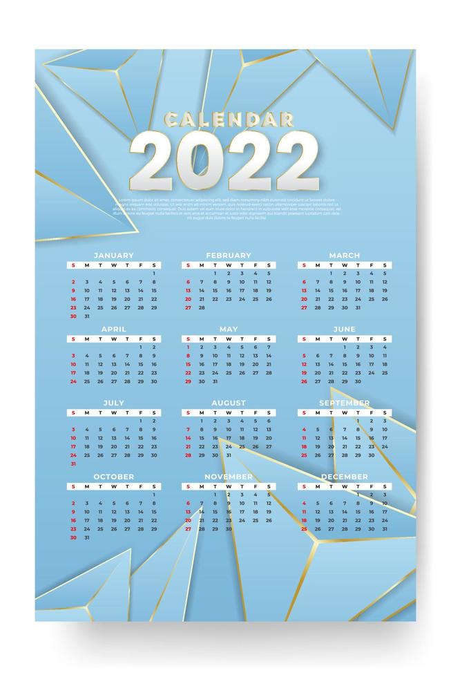 plantilla de calendario mensual para el año 2022. la semana comienza el domingo. Calendario de pared de estilo minimalista. vector