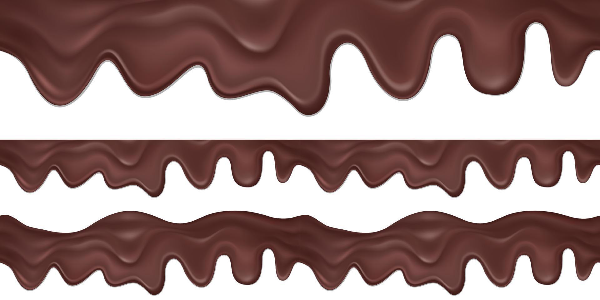 borde horizontal de vector transparente de líquido goteando chocolate negro. decoración de envases de dulces aislado sobre fondo blanco.