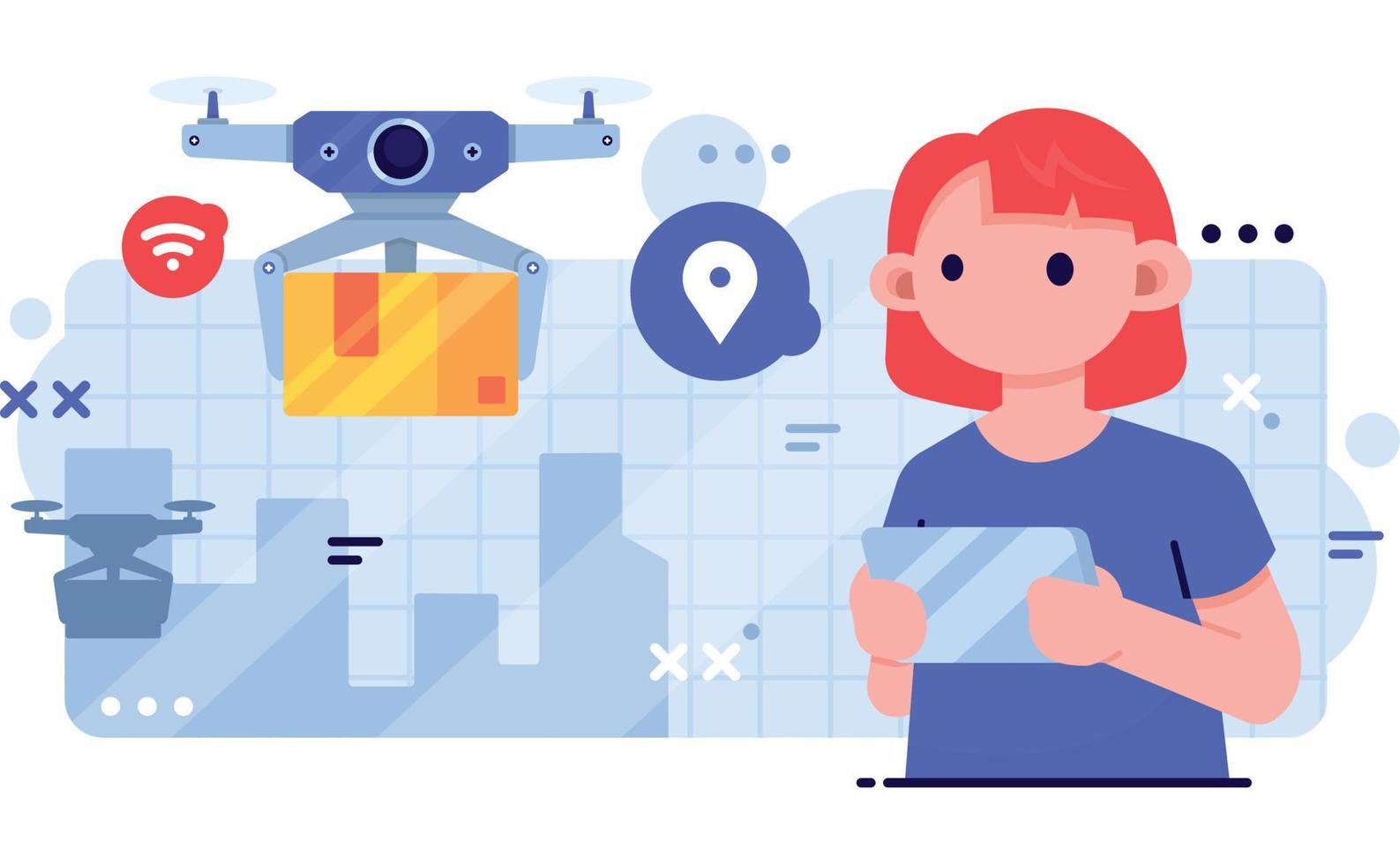 Woman Sending Package Using Drone Technology vector