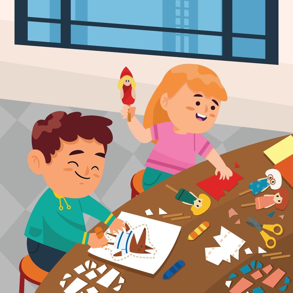 niños haciendo manualidades en el concepto de mesa vector