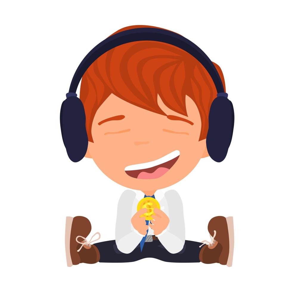 personaje de niño pelirrojo en auriculares sentado vector