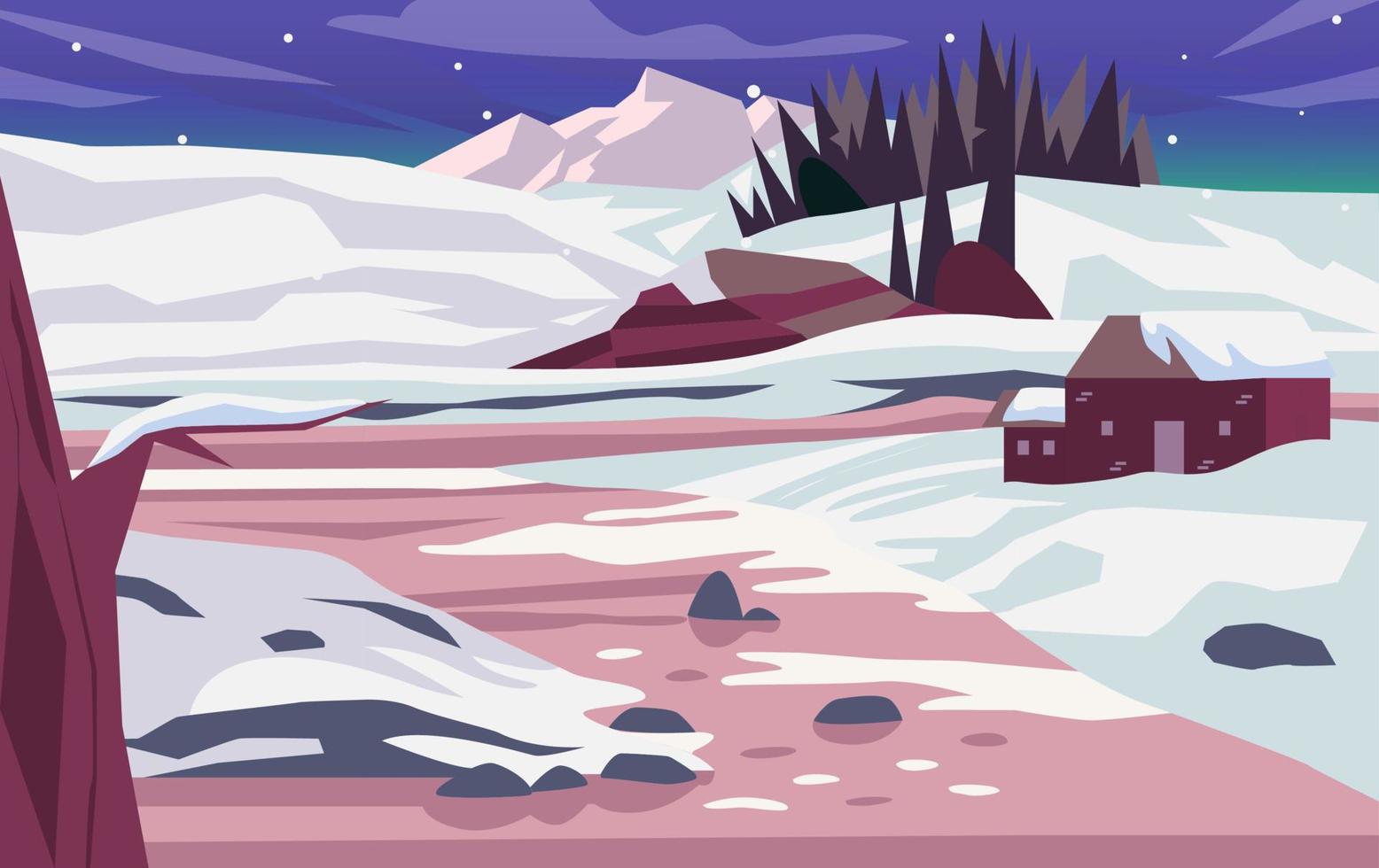 Beautiful scenery of nature landscape in winter with snow, forest, mountains, and cabin. Banner background vector illustration