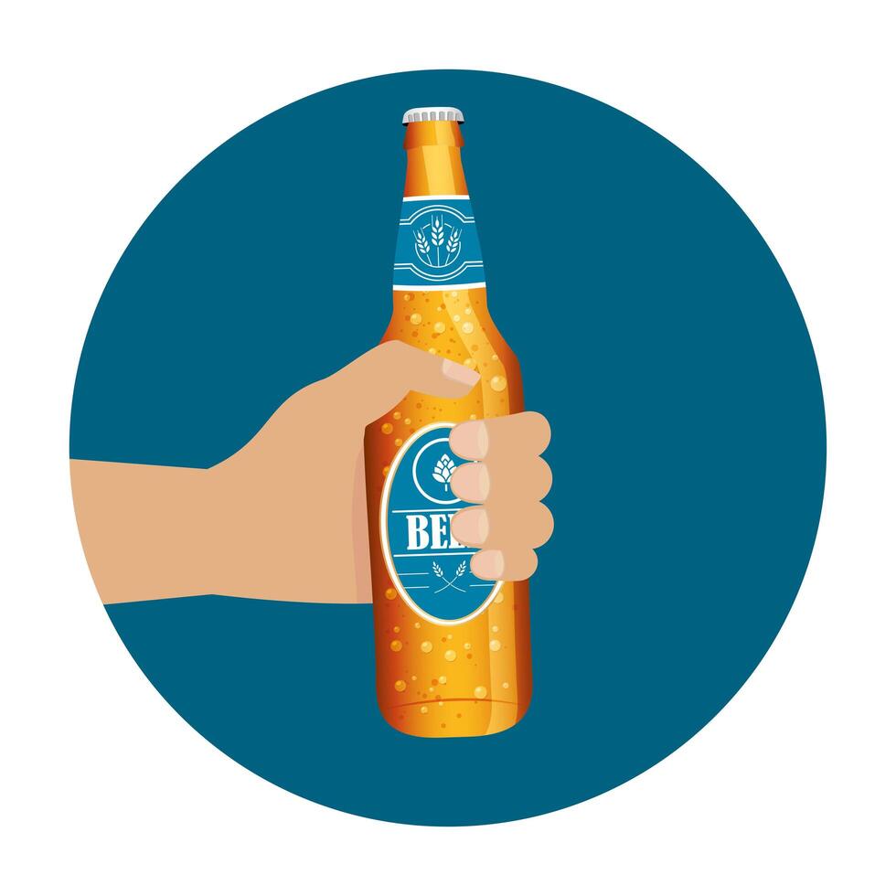 hand holding gold beer bottle vector design