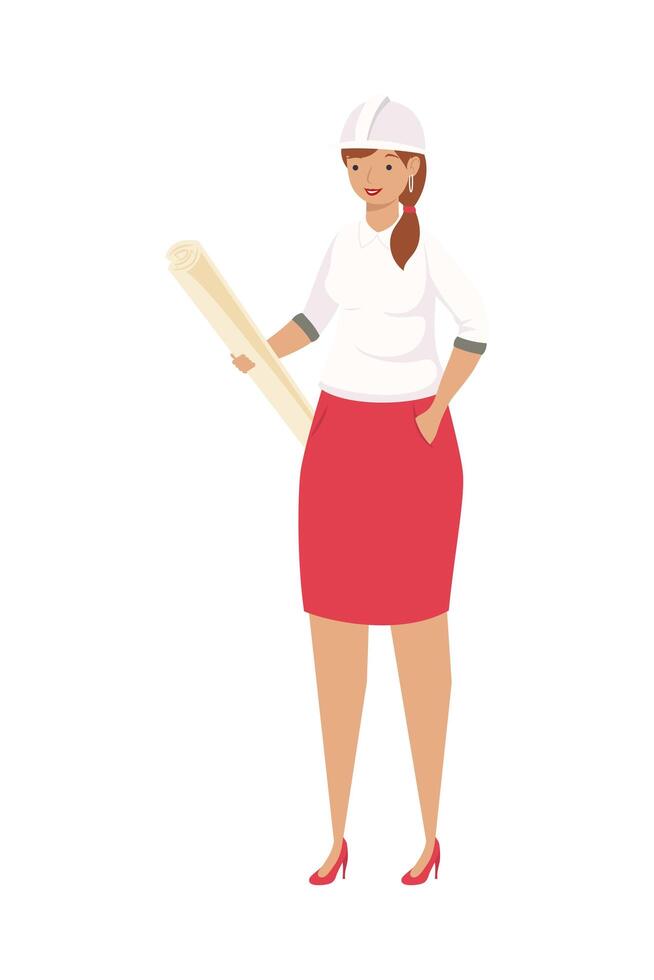 Ingeniero mujer con casco y planes de diseño vectorial vector