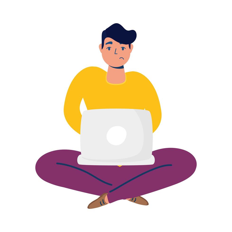 man with lotus position using laptop vector