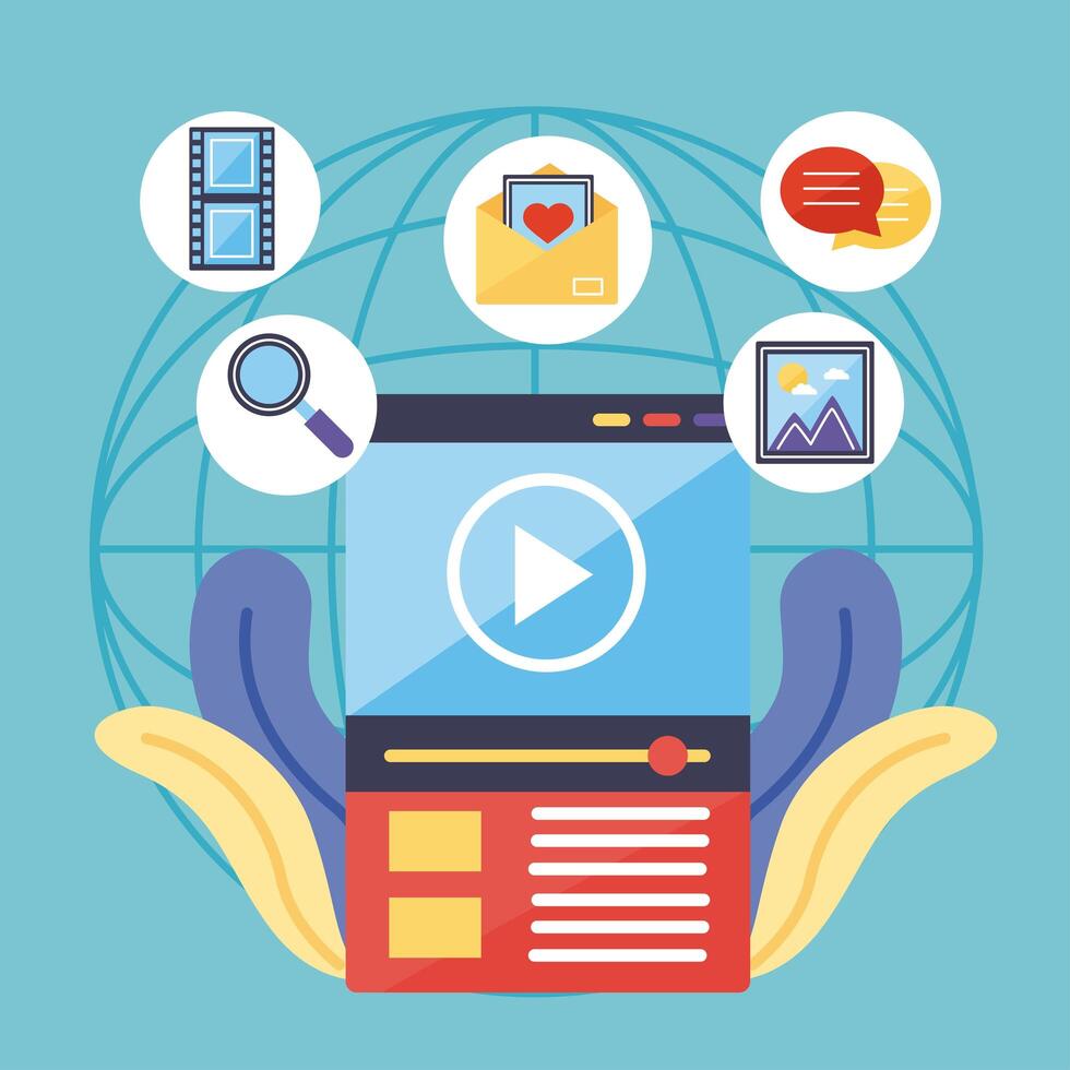 play screen with multimedia icons vector
