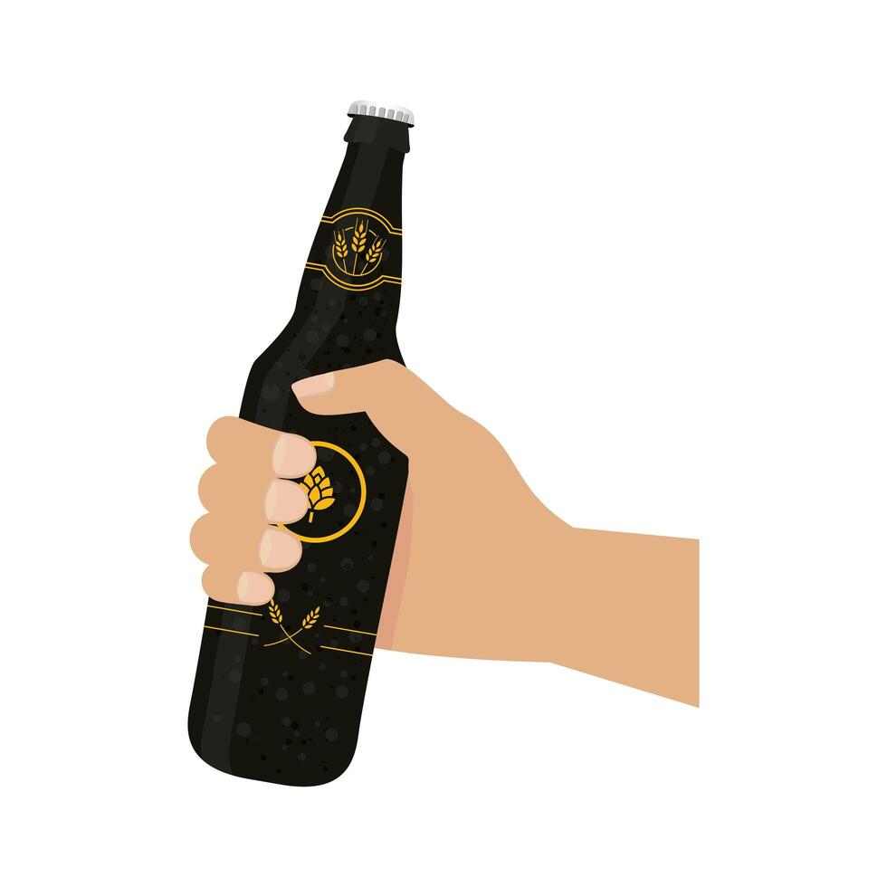 hand holding black beer bottle vector design